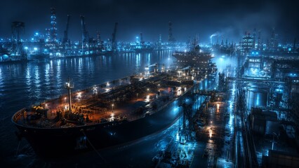 Obraz premium Wide nighttime aerial view of a massive oil tanker docked at an illuminated industrial port and refinery complex, blue-lit cranes and wet docks reflecting lights across the water