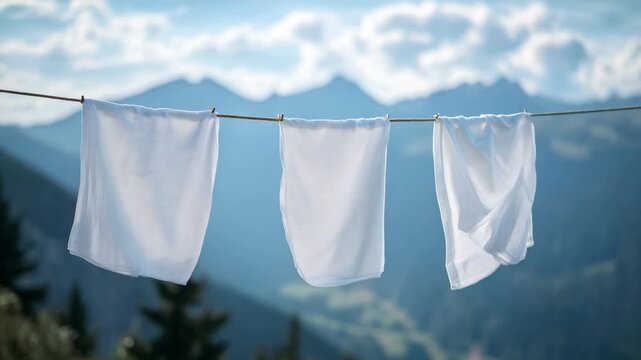 Clean white laundry hanging on clothesline gently blowing in the wind against a stunning mountain landscape background, evoking freshness, simplicity, and sustainable living