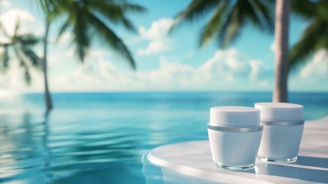 White cosmetic cream jars for skincare mockup resting by the poolside with a beautiful tropical beach view, perfect for beauty product presentation and luxury spa branding