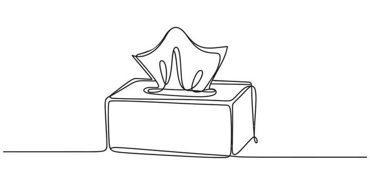 Single continuous line drawing of a tissue box with one paper napkin