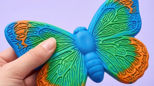 Woman hand squeezing soft colorful butterfly squishy toy. Cute stress relief foam accessory for kids. Tactile sensory anxiety tool for play and calming relief in daily life.