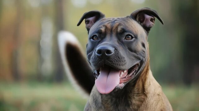 Happy brindle staffordshire bull terrier looking around and panting while joyfully wagging its tail, close-up portrait of a purebred friendly dog in a park
