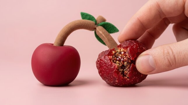 Hand holding a crunchy cherry squishy toy. Sensory stress relief toy with textured interior and smooth exterior skin. Fidget tool for tactile feedback and satisfying sensory play.