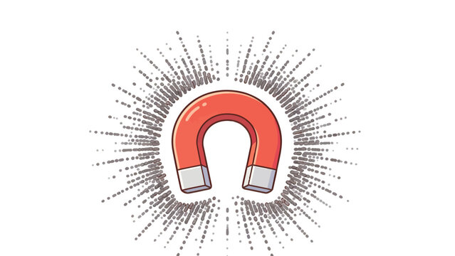 Vibrant U-Shaped Magnet Illustration with Dynamic Gray Particle Field Radiating Outward in Cartoon