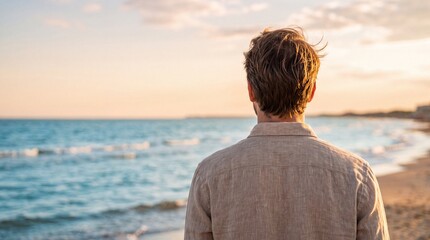 Fototapeta premium Man Contemplating Ocean Horizon at Golden Hour Sunset