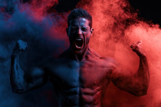 Powerful athlete flexing muscles in gym smoke