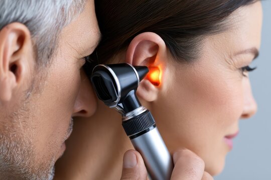 Healthcare professional checking woman ear canal