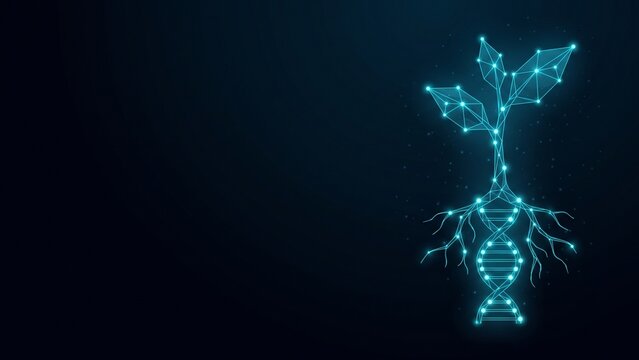 Glow digital seedling with DNA roots, biotechnology and genetic modification concept