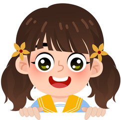 Happy Schoolgirl with Twin Tails Holding a Blank White Banner for Creative Graphic Design Projects