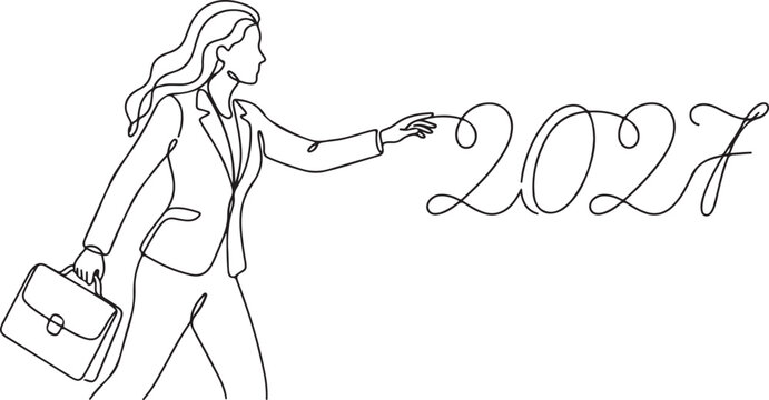 Happy new year 2027 stylish woman walking towards future with briefcase in minimalist line art