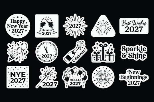 Happy new year 2027 stickers labels festive designs for celebrations and new year's greetings