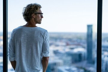 Obraz premium Contemplating city view from skyscraper window