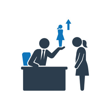 Boss offering career promotion to an employee at his desk, quid pro quo sexual harassment icon