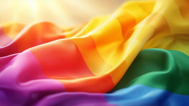 Waving rainbow pride flag symbolizing lgbtq rights, freedom, and equality. The colorful fabric ripples in a gentle breeze, illuminated by warm, soft sunlight
