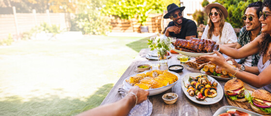 Summer BBQ gathering with friends enjoying barbeque food outdoors © dvoevnore