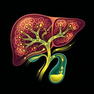 liver's bile production and secretion, showing the liver cells producing bile (yellow droplets) and pathways leading to the gallbladder, with a clear, fluid movement depicted.