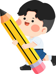 Young boy holding an oversized pencil for creative learning and school activities, ideal for educational materials, classroom posters, children books, and school projects.