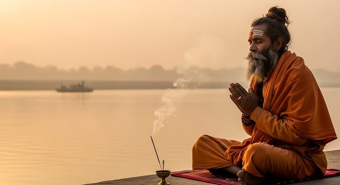 Indian sadhu praying with incense sticks by the river at sunrise