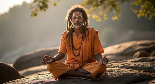 Indian Sadhu meditating in lotus position outdoors at golden sunrise