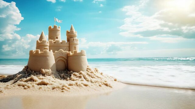 Beautiful sandcastle on a sunny beach slowly getting washed away by the gentle tide and waves of the turquoise ocean, representing impermanence and childhood memories