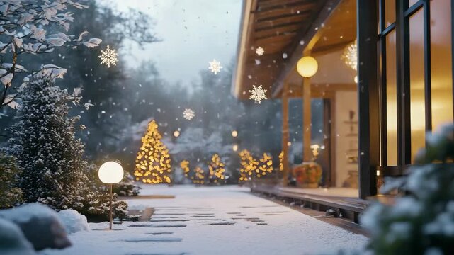 Magical christmas night with snow falling in a cozy backyard with a decorated christmas tree and house lights, creating a peaceful and festive holiday atmosphere