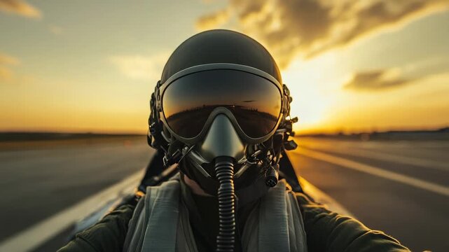 Military fighter jet pilot wearing a helmet and oxygen mask sitting in a cockpit, accelerating on the runway at sunset getting ready for takeoff on an airbase