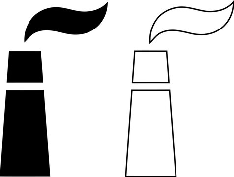 Minimalist set features black filled and outline vector icons of an industrial factory chimney emitting smoke, ideal for environment and pollution design projects.