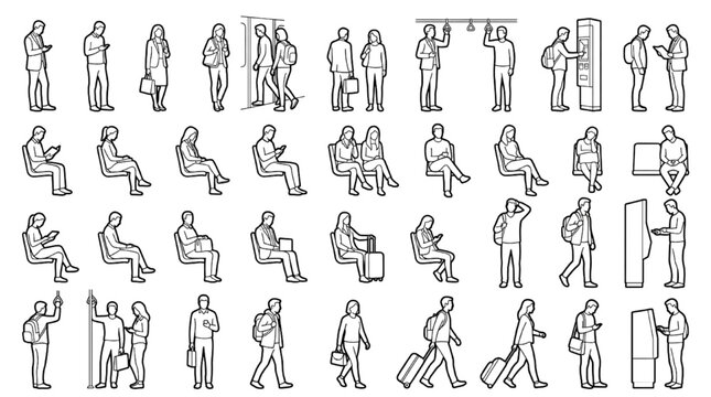 Public transit passengers CAD blocks architectural scale vector linework
