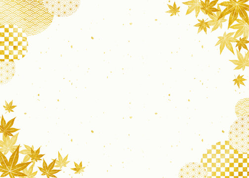 金箔と和紙の秋の紅葉フレーム 華やかな和柄の背景テンプレート