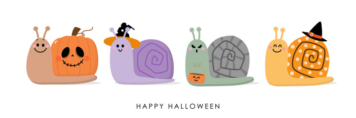 Happy halloween invitation card with cute snail in party costumes, witch hat and spooky pumpkin. Animals holidays cartoon character. -Vector  © Dusida