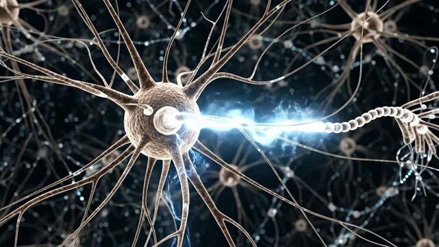 Dynamic visualization of a neuron transmitting an electrical impulse in a neural network.
