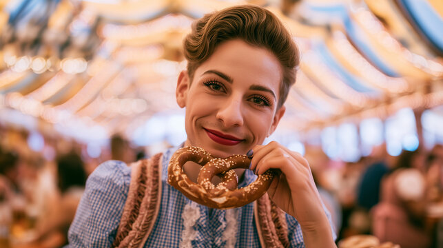 Person With a Pretzel at Oktoberfest Tent.