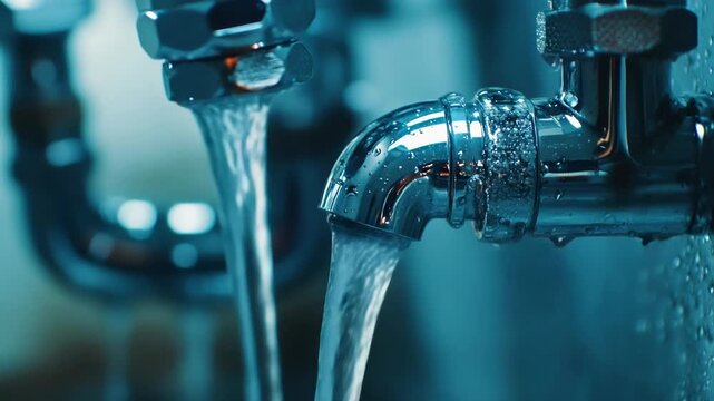 Close-up of water flowing from a shiny chrome faucet with droplets, illustrating concepts of consumption, conservation, hygiene, and plumbing issues like leaks