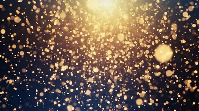 Golden bokeh particles falling from a bright light source on a dark background.