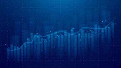 Fototapeta na wymiar Financial growth of graph or chart. Investment trading on stock market or success business concept. Vector illustration with financial graph and charts on dark blue background with grid. Fintech.