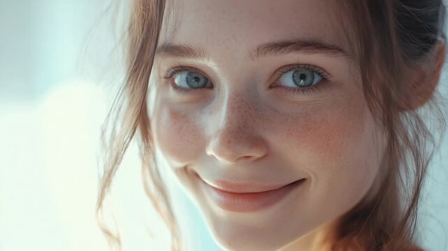 Beautiful smiling young woman with blue eyes and freckles looking at the camera with a joyful expression and perfect skin, representing happiness and natural beauty