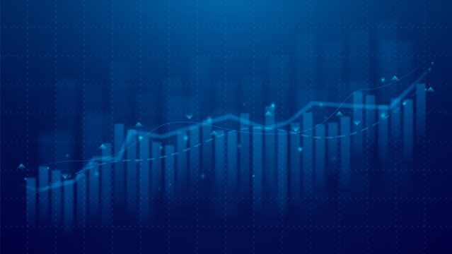 Financial growth of graph or chart. Investment trading on stock market or success business concept. Vector illustration with financial graph and charts on dark blue background with grid. Fintech.