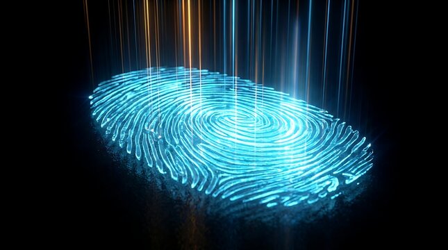Futuristic glowing fingerprint hologram with vibrant blue light waves on dark background, biometric security concept