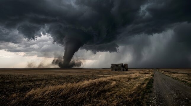 Dark tornado funnel cloud approaching an abandoned barn in a rural field