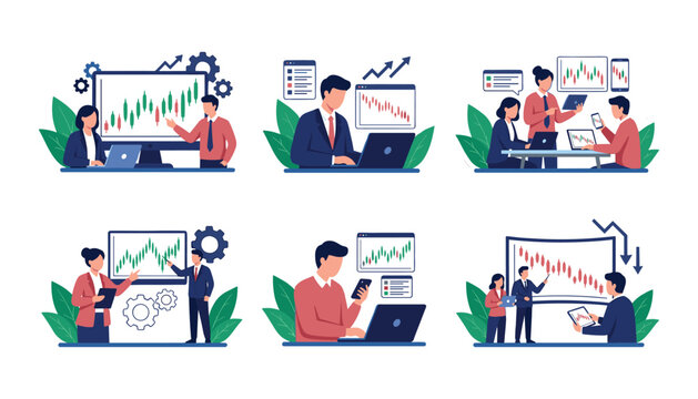Stock market traders and analysts analyzing investment graphs data statistics crypto currency trading exchange and financial market growth vector illustration