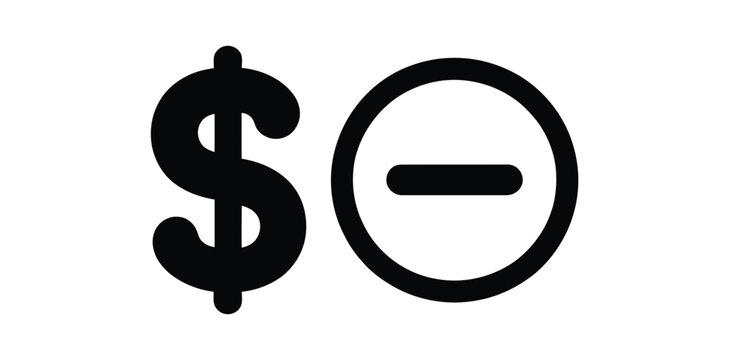 Minimalist dollar sign icon next to a circle containing a horizontal dash representing financial subtraction or reduction concept on isolated white background for web design and mobile application