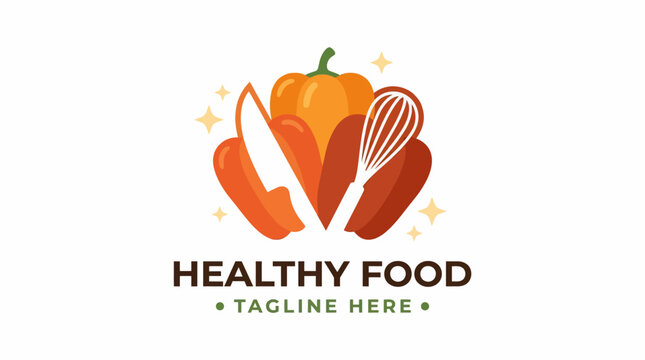 Healthy food logo design featuring bell pepper knife and whisk.