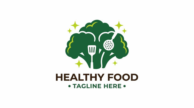 Healthy food logo design featuring broccoli with kitchen utensils.