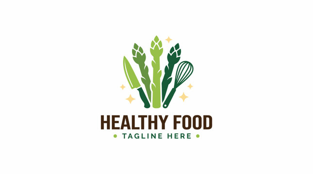 Healthy food logo design featuring fresh asparagus stalks with culinary kitchen tools.