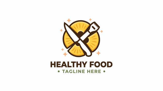 Healthy food logo design with pineapple knife and fork.