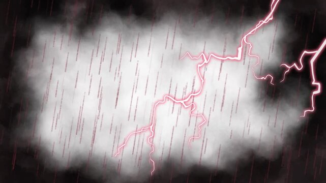 Thunderstorm creates a dramatic display of jagged red lightning bolts flashing across a dark and turbulent rain cloud.