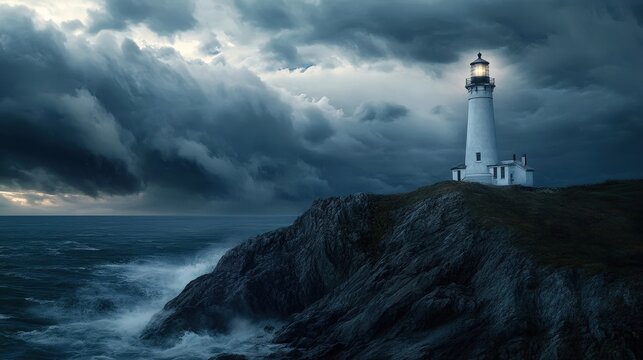 A solitary lighthouse beams light over a rocky cliff amid a stormy sea and dark, dramatic clouds at dusk.
