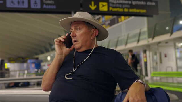 Senior male tourist talking on a smartphone in an airport terminal