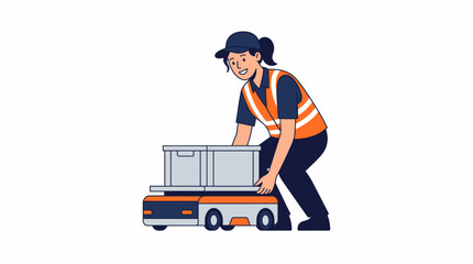 Obraz premium Female Warehouse Worker Loading Box Onto Automated Guided Vehicle For Factory Logistics