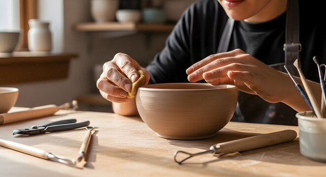 A potter smoothing the rim of a freshly thrown ceramic bowl with a damp sponge in a workshop
